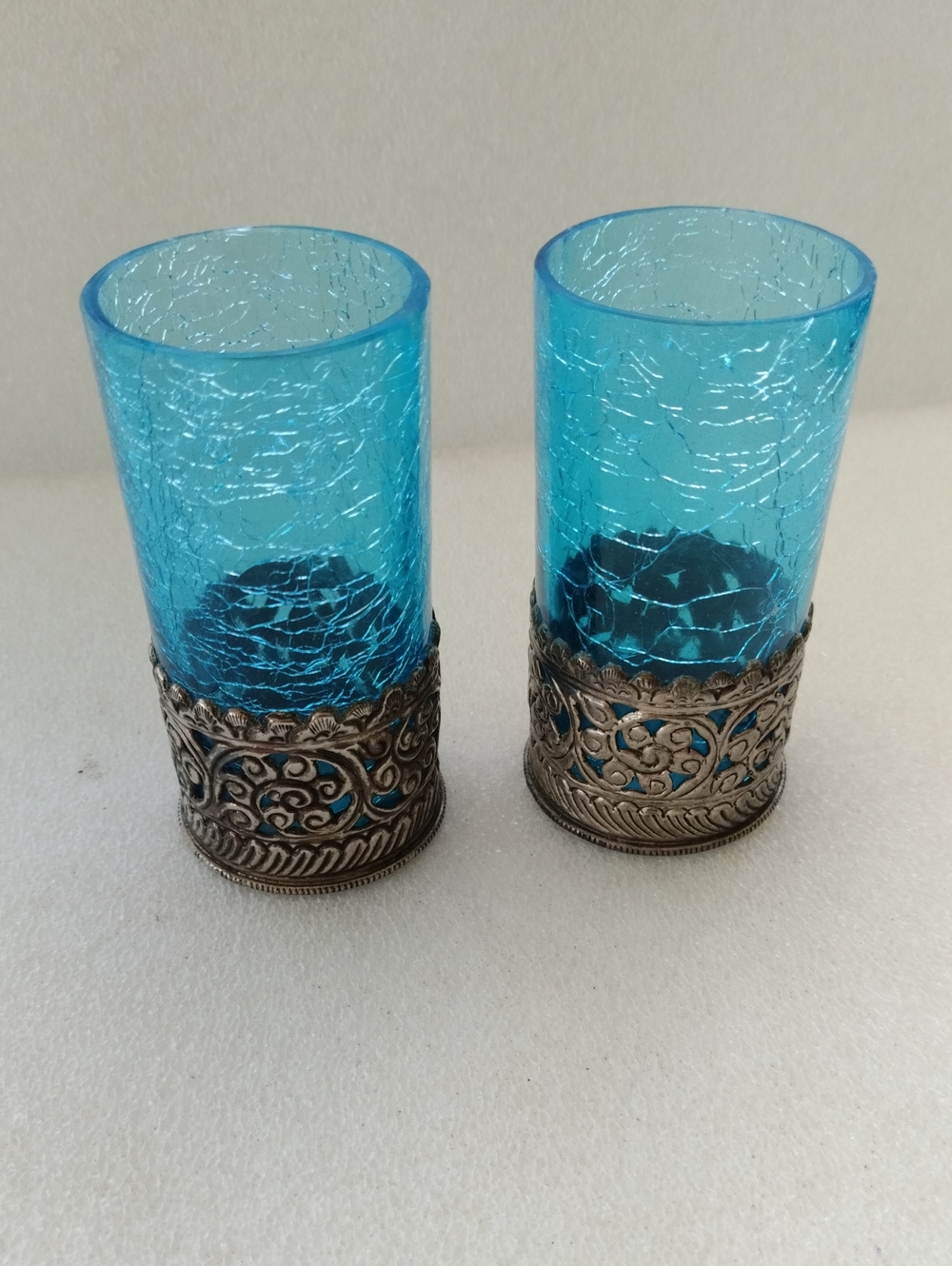 Vintage Blue Crackle glass Votive Candle Holders 2